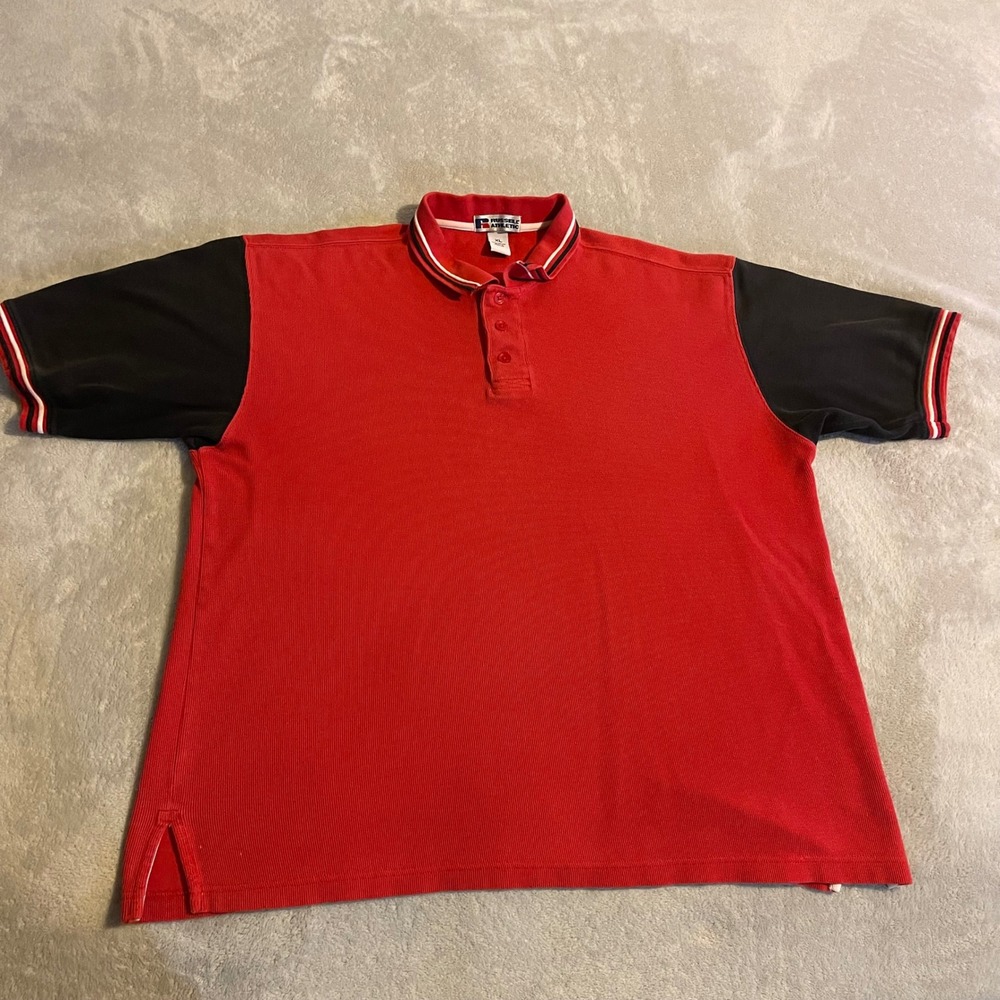 Vintage 90s Russell Athletic Mens Red Black Short Sleeve Poloβ Shirt XL Cotton